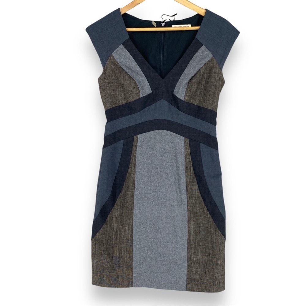 Rebecca Taylor Dress Women 10 Grey Blue Colorblock V-Neck Sheath Cap Sleeve Wool